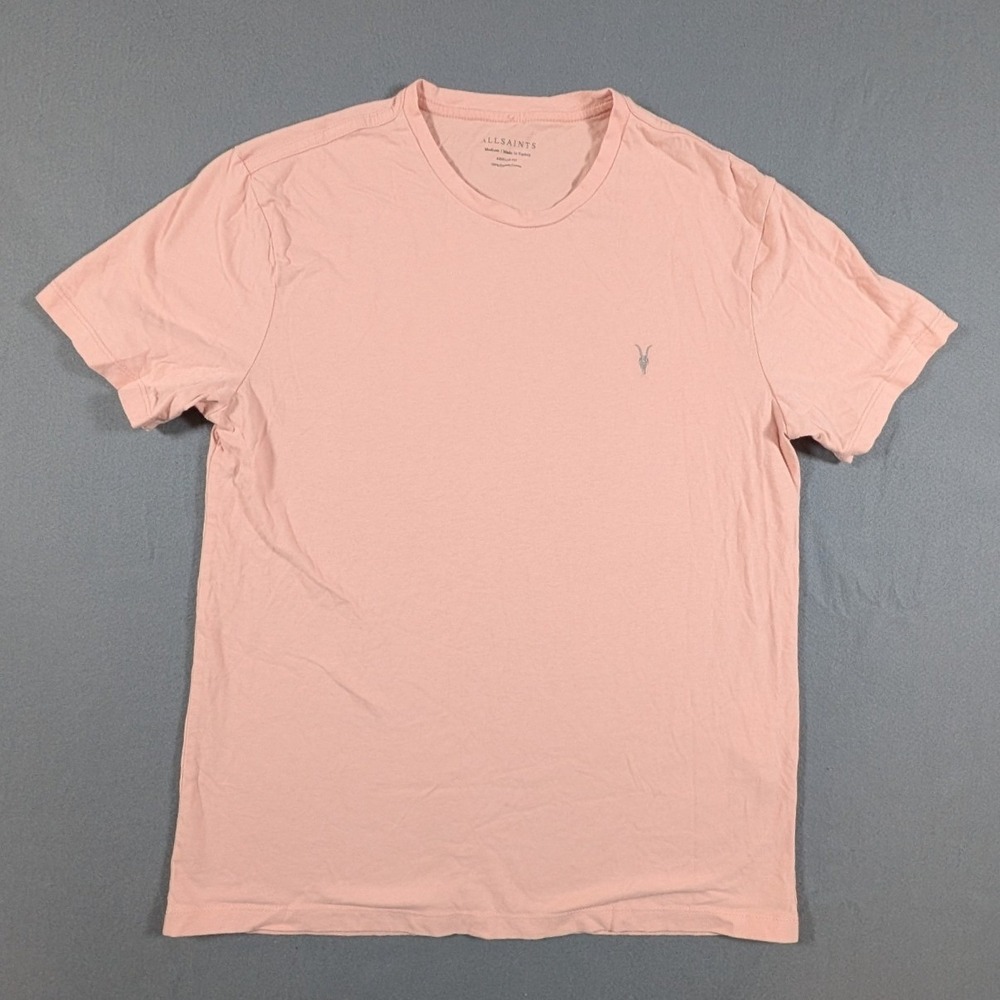 All Saints T-Shirt Mens Medium Pink Organic Cotton Ramskull Logo Crew Neck